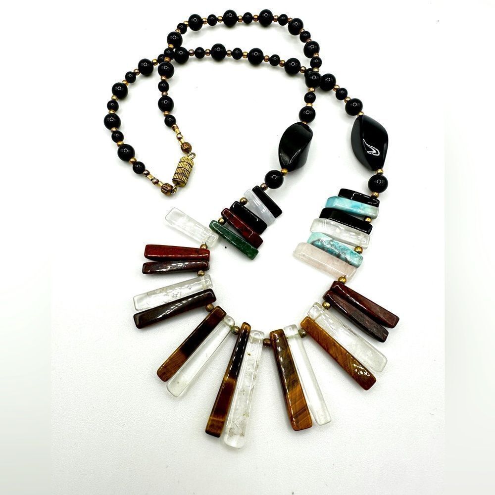 20" VTG multi-gemstone bib-style with brass/antiqued gold tone beads necklace!‎